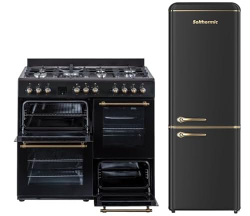 SOLTHERMIC PACK RANGE3NHOR COCINA 3 HORNOS NEGRA RÚSTICA PROFESIONAL / 7 FUEGOS GAS / 3 HORNOS Y COMBI FCR188N 1,88 x 55 NEGRO RUSTICO ACABADOS DORADOS, hasta 270L