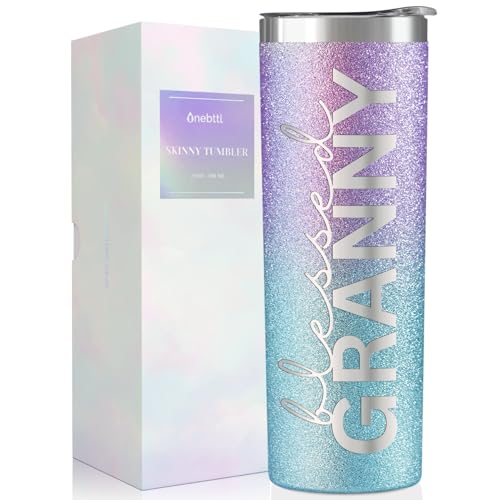 Image of Onebttl Christian Grandma Gifts for Mother's Day, 20oz Purple & Blue Glitter Skinny Tumbler, Straw & Lid Included, Granny Gifts - Blessed Granny
