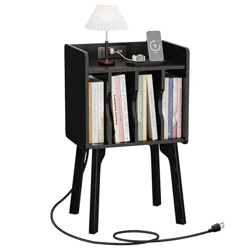 Urban Deco Wooden Nightstand with Charging Station, End Table with 4 Storage Cabinet, Bedside Table with Wooden Legs for Small Space Bedroom, Black