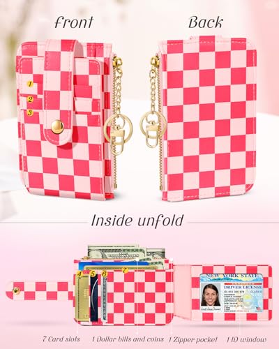 Bistup Credit Card Holder Wallet for Women - Cute Small for Ladies Teen Girls Female Rfid Checkered Plaid Leather Cardholder Wallets Organizer Purse Girly Aesthetic Print Unique Zipper3