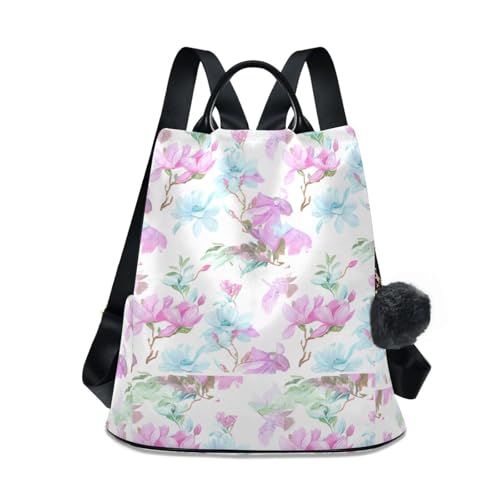 Sac à dos femme bleu et rose avec motif fleurs de magnolia et compartiments