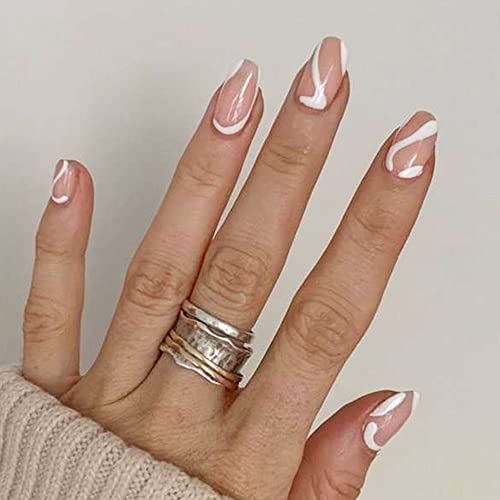 KXAMELIE Nude Pink Press on Nails with White Stripe Designs Glossy Full Cover Medium Short Fake Nails Glue on Nails Tips stick on nails for Women Girls Finger Manicure 24 PCS