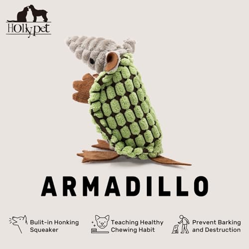 Image of Hollypet Plush Dog Squeaky Toy Stuffed Armadillo Animal Pet Puppy Chew Toys with Clean Teeth for Small Medium Large All Breed Sizes Dogs, Cantaloupe Green, 6 in