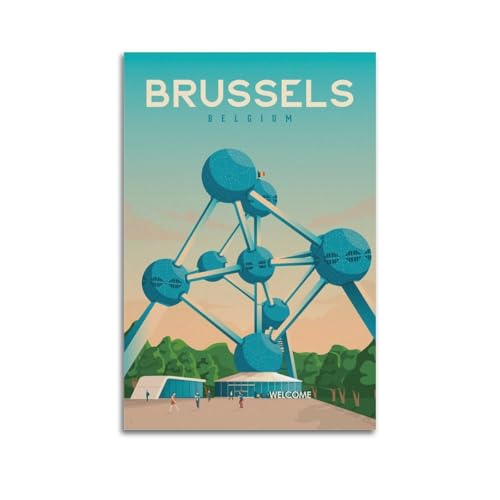 Vintage Travel Bruxelles, Belgique, Atomium Landmark with Simple Background.jpg Poster Moderne Wall Art Toile Esthétique Décoration Peinture 30 x 45 cm Sans Cadre