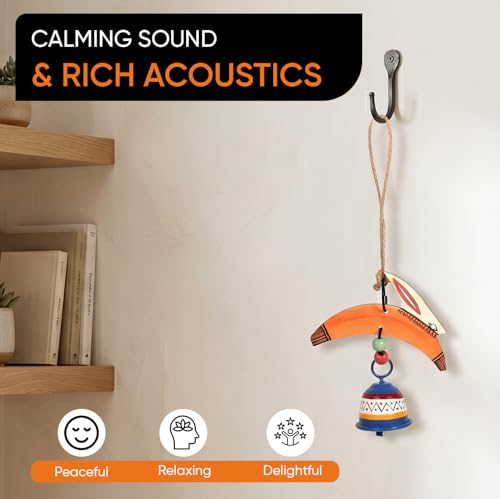 Image of Aakriti Art Creations Rabbit Wind Chime with Metal Bell | Modern Art Handmade Wooden & Metal Wind Chime in Orange | Matte Decorative Wind Chimes for Balcony, Garden & Home, Living Room & Gifting
