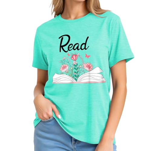 Image of Read Book Shirt for Women-Reading Teacher Tee Tops Pink Flower and Butterfly Short Sleeve Cute Book Shirt