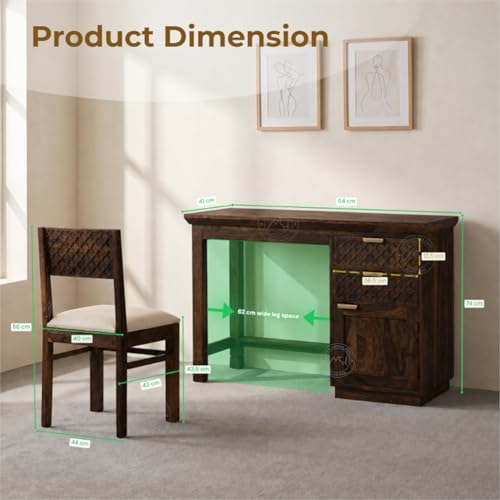 Image of NSH Solid Sheesham Wood Study Table with Chair | Wooden Writing Desk with Drawer & Door Storage | Pre-Assembled Computer Desk Workstation for Home Office & Study Room | Walnut Finish