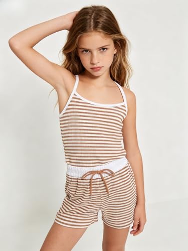 Image of Size 7-14Y Girls Clothes 2 Piece Outfits Striped Tank Top Drawstring Shorts Teen Girls Summer Clothing Sets