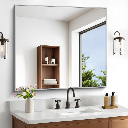 Image of DESBING 36 inch x 40 inchBathroom Mirror, Silver Rectangle Corner Wall Mirror with Metal Frame, Decorative Rectangular Vanity Mirror for Bedroom Bathroom Living Room Entryway (Horizontal /Vertical)