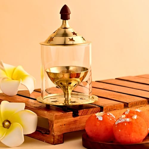 EIN SOF 5 inches Medium Gold Brass Akhand Diya with Borosilicate Glass...