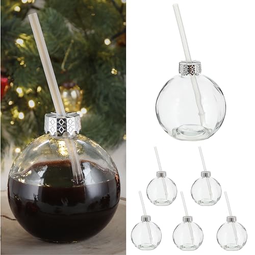 Cepewa Trinkglas Christbaumkugel 6er Set | Füllmenge 400ml Ø 10cm Glas | Weihnachtskugelglas mit Trinkhalm