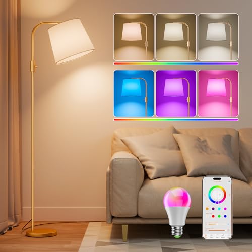 DUSKTEC Smart Floor Lamp RGB Alexa 10W 1200LM for Living Room, Arc Standing Lamp Coloured, Dimmable Standard Lamps, Mood Lighting for Bedroom APP Controlled, Reading Floor Light Bulb Included (Gold)