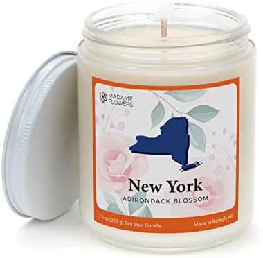 Madame Flowers State Candle Collection - New York - Adirondack Blossom - Scents of Bergamot, Rose, Amber - Sox Wax 3 5 inch