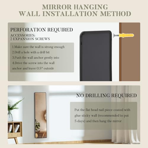 Warmiehomy 147X37cm Full Length Mirror, Floor Full Body Rectangular Standing Mirror with Stand, Hanging or Leaning Against for Bedroom Cloakroom, Black