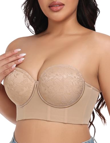 FallSweet Trägerloser Spitzen-BH Damen mit Bügel Bustier Ohne Träger Große Größen(Beige,100E)