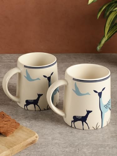 Image of miah decor Ceramic Tea Cups Set of 2 - Cream Blue | Handcrafted Stoneware Matte Deer & Bird Finish | Microwave & Dishwasher Safe Coffee Cups & Mugs for Home, Office & Gifting - Every Occasion | 350ml