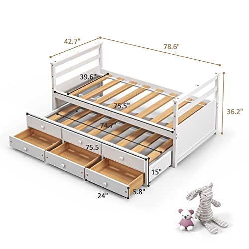Xilingol Twin Bed With Trundle And Storage Drawers, Captains Bed Frame With Pull Out Bed, Wooden Slat Support No Box Spring Needed, White #TOP1