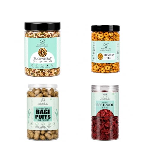 Image of WellNuts & Co. Healthy Snack Combo Pack of 4 |Buckwheat Flakes Mix - 200g, Mexican Bites - 200g, Ragi Puffs Mild Pudina - 200g, Salted Beetroot Chips - 150g| Roasted & Ready to Eat Snacks | High Protein & High Fiber Combo | Snacks for Healthy Everyday