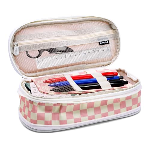 NVGFTG Trousse esthétique à carreaux - Trousse à crayons rétractable - 4 compartiments - Grande capacité - Pour adolescents, garçons et filles, Rose/blanc