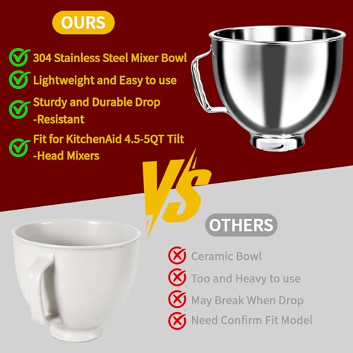 5QT Mixing Bowl for KitchenAid Stand Mixers, Compatible with Kitchen Aid 4.5-5 Qt Tilt-Head Stand Mixer, Food-Grade Stainless Steel Mixing Bowl with Handle & Clasp for Baking, Cooking & Dough Mixing - image 3