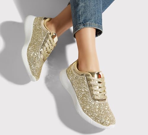 BELOS Women's Glitter Shoes Sparkly Lightweight Metallic Sequins Tennis Shoes(8.5B(M) US, Gold)