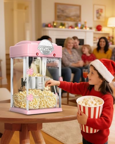 Image of 6 Oz Popcorn Machine, Tabletop Popcorn Maker, Countertop Pop Corn Machine, Movie Theater Popcorn Popper Machine with Stainless-Steel Kettle, Measuring Tool for Home Family, 300 W, Pink