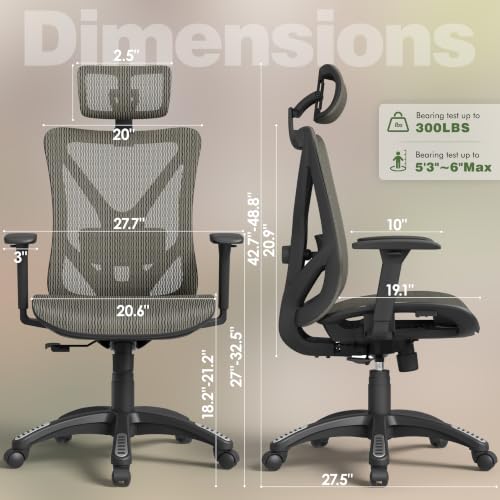 Image of ELABEST T23 Ergonomic Mesh Office Chair, High Back Computer Desk Chair, Breathable AirMesh with Dual-Move Lumbar Support, 3D Armrests & Headrest, Tilt Lock, Big and Tall for Home Office (Mocha)