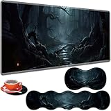 大型ゲーミングテーブルパッド 31.5インチ x 11.8インチ + キーボードリストパッド + マウスリストパッド + コースター ノンスリップベース 4イン1セット、人間工学に基づいたメモリーフォーム、タイピングの痛みの緩和、奇妙なミステリアスダークフォレスト