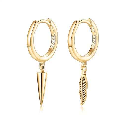 Pendientes de Plata de Primera Ley (S925) con Aros y Colgantes Combinados de Spike y Pluma. Pendientes Acabados en Plata o Baño Oro 18K. Regalo Cumpleaños. Joyería para hombre. (Baño en oro)