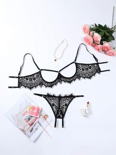 Image of Lilosy Sexy Underwire Floral Lace Sheer Lingerie Set for Women See Through Bra and Panty 2 Piece