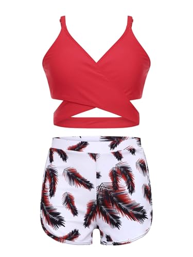 Girl's 3 Piece Bikini Bathing Suit Printed Sport Tankini Swimsuits with Shorts Cove Up Sets4