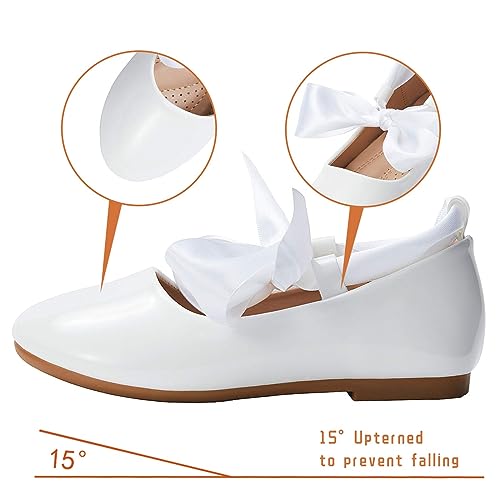 Adamumu Girls White Dress Shoes Cute Bow Mary Jane Shoes Ballerina Flats With Satin Ankle Tie,Flower Girls For Wedding Birthday Party Or School Daily Dress Up,White Girls Shoes Size 13 #TOP1