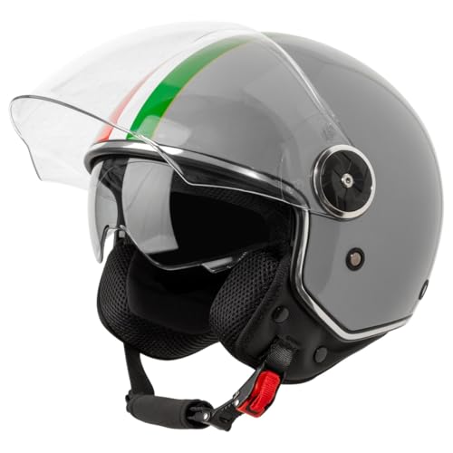 VINZ Neiva Jethelm mit Doppelvisier | Roller Helm mit Italienische Flagge & mit Sonnenblende | In Gr. XS-XXL | ECE 22.06 Zertifiziert | Motorradhelm mit Visier | Viele Farben Erhältlich - Grau