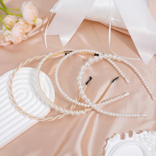 Image of 4 Pack Pearl Headband White Gold Girl Pearl Headbands Metal Thin Head Band, Artificial Pearls Headpiece Hair Accessories for Women Girls, Bridal Wedding Party Hair Hoop