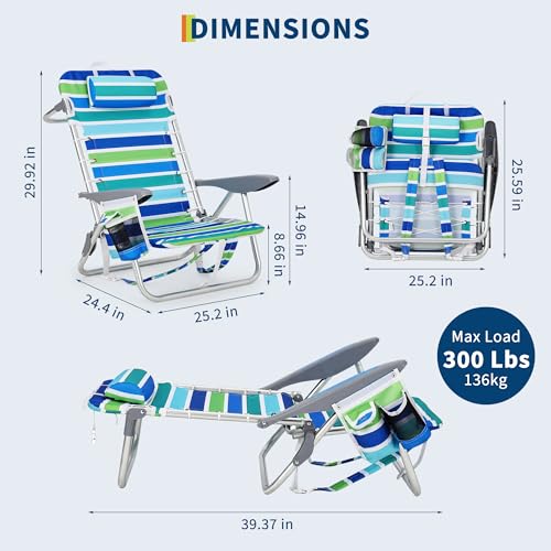 GarveeLife Backpack Beach Chair for Adults, Lightweight Portable Lay Flat Folding Beach Chair with 5 Reclining Positions, Backpack Straps, Phone Pocket, Cup Holder & Towel Bar, Support to 350LBS by GarveeLife - Image 3