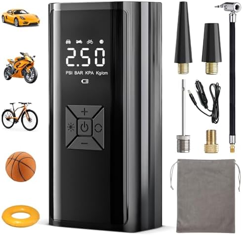 Bxdayyskr Air Compressor, Portable Digital Tyre Inflator, 150PSI, Auto Shut-Off,Rechargeable Tyre Accessories for Car,Bike and Motorbike with Pressure Gauge and LED Light