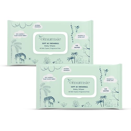 Image of Omumsie 99% Pure Water (Unscented) Baby Wipes | Made With Thickest Plant Based Cotton Fibers | 60 pcs per pack (Pack of 2)