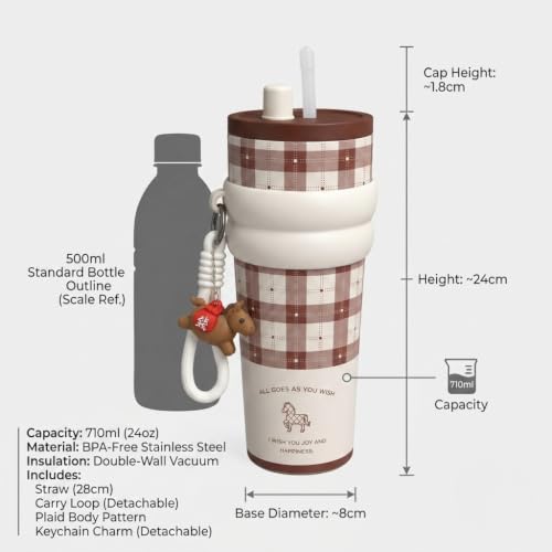 Image of DAZUFIO 710ML Insulated Tumbler with Straw & Lid | Stainless Steel Travel Mug with Handle | Leakproof BPA Free Sipper Bottle for Office Gym Travel | Hot Cold Coffee Cup - Horse Print