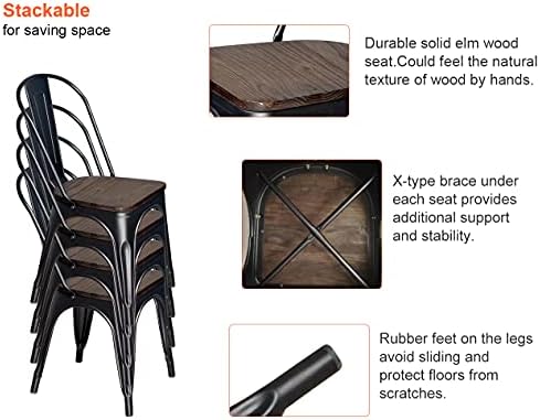 H JINHUI Set of 4 Dining Chairs, Industrial Metal Bistro Chairs with Elm Wood Seat and Backrest for Restaurant, Dining Room, Patio (Black, Elm Wood Seat)