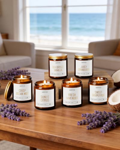 Image of AOOVOO Candles Set - 6PC Scented Candles, Soy Candle, Aromatherapy Candle, Soy Wax Candle, Fresh Lavender /Sunlit Citrus /Sweet Grapefruit /Crisp Ocean Mist /Sea Breeze Vanill /Juicy Cranberry