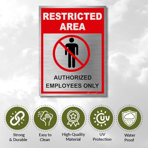 Image of Restricted Area Sign Board Plate for Office, Mall, Restaurant, Hotel, Hospital, School, Factory Wall Mount, Durable & Rustproof (Stainless Steel 12x4 Inches)