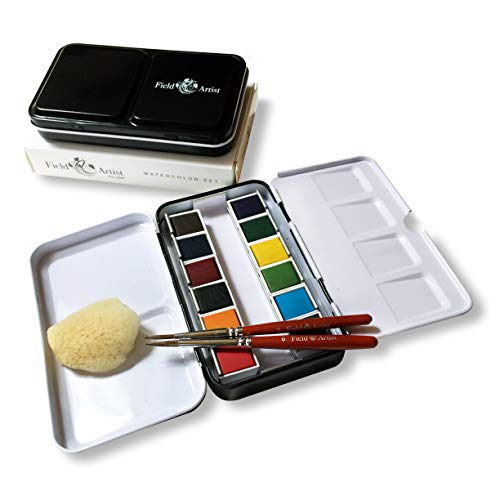 Field Artist Pro 12HP - Complete Travel Watercolor Set Includes 12 Brilliant Half Pan Colors, 2 Custom Brushes, a Genuine Sea Sponge, a Classic Metal Field Box, All fits in Your Pocket!