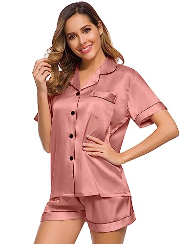 Image of SWOMOG Womens Silk Satin Pajamas Set Short Sleeve Sleepwear Button Down Top and Shorts Loungewear 2 Piece Pjs Set XS-3XL