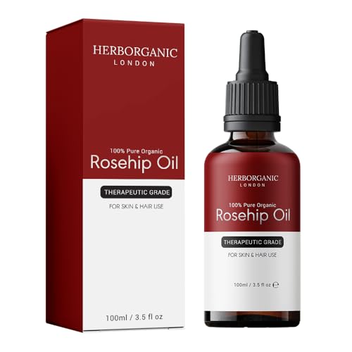 HERBORGANIC Rosehip Oil - Cold Pressed, Natural & Unrefined Bio Oil Scar Treatment - Hydrating & Moisturising Rosehip Oil for Face, Hair, Nails & Body - Vegan, Cruelty-Free Skin Nourishment
