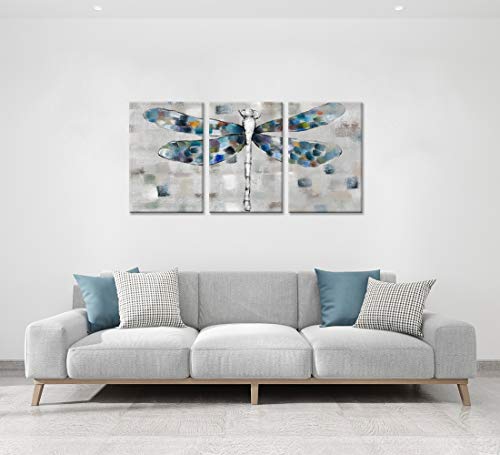 Zlove 3 Pieces Grey Canvas Wall Art Blue Dragonfly Abstract Insect Artwork Print On Canvas Giclee Print Gallery Wrap For Bedroom Classroom Garden House Decoration Gift Ready To Hang 16X24Inchx3Pcs #TOP1
