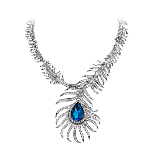 EVER FAITH Vintage Style Peacock Feather Teardrop Statement Necklace Austrian Crystal Blue Antique Silver-Tone