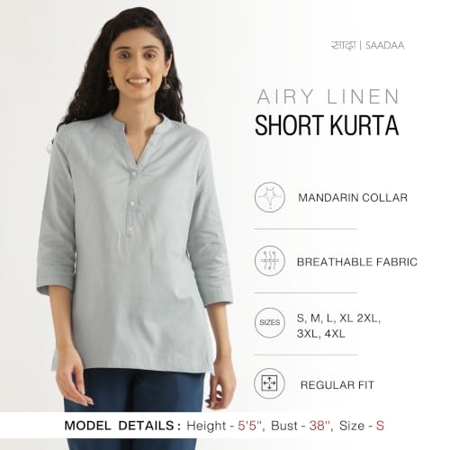 Image of SAADAA Women Short Kurti Airy Linen Regular Fit Kurta with 3 /4th Sleeves, Mandarin Collar, Side Slit Perfect for Casual, Formal, and Ethnic Wear