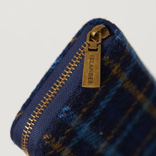 Image of Islander HarrisTweed & PU Leather women's long zip purse, Carry Cash & card, Scottish Style, Navy Tartan