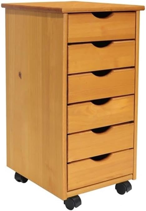 Pemberly Row Modern Solid Wood 6-Drawer Roll Utility Cart, Med Pine Finish, 15.25 x 13.25 x 25.75 in, Compact Mobile Storage with Casters, Removable Drawers, Home Office or Craft Room Organization