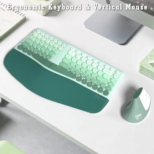 MYKYLIN Wireless Keyboard and Mouse Combo, 84-Key Ergonomic Membrane Keyboard Curved Split Keys with Wrist Rest & 6-Key Vertical Mouse, Cordless Set for Win/Mac, Mint Green (AAA Batteries Included) — view 2